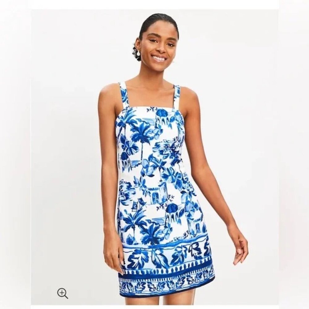LOFT White and Blue Tropical Print Sundress